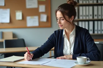 Enseignante consultant sa fiche de paie et annotant un calendrier pour anticiper les dates de versement de salaire en 2026
