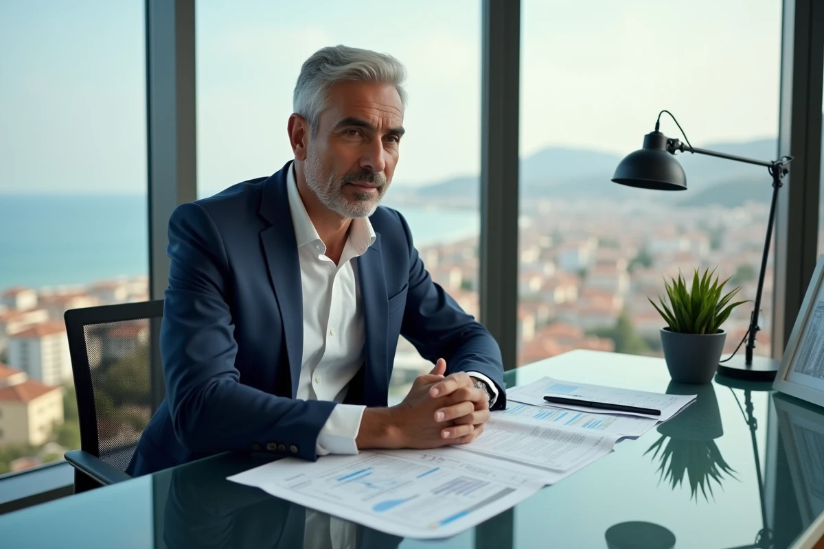 Entrepreneur prospère analysant des rapports financiers dans un bureau avec vue sur une ville méditerranéenne
