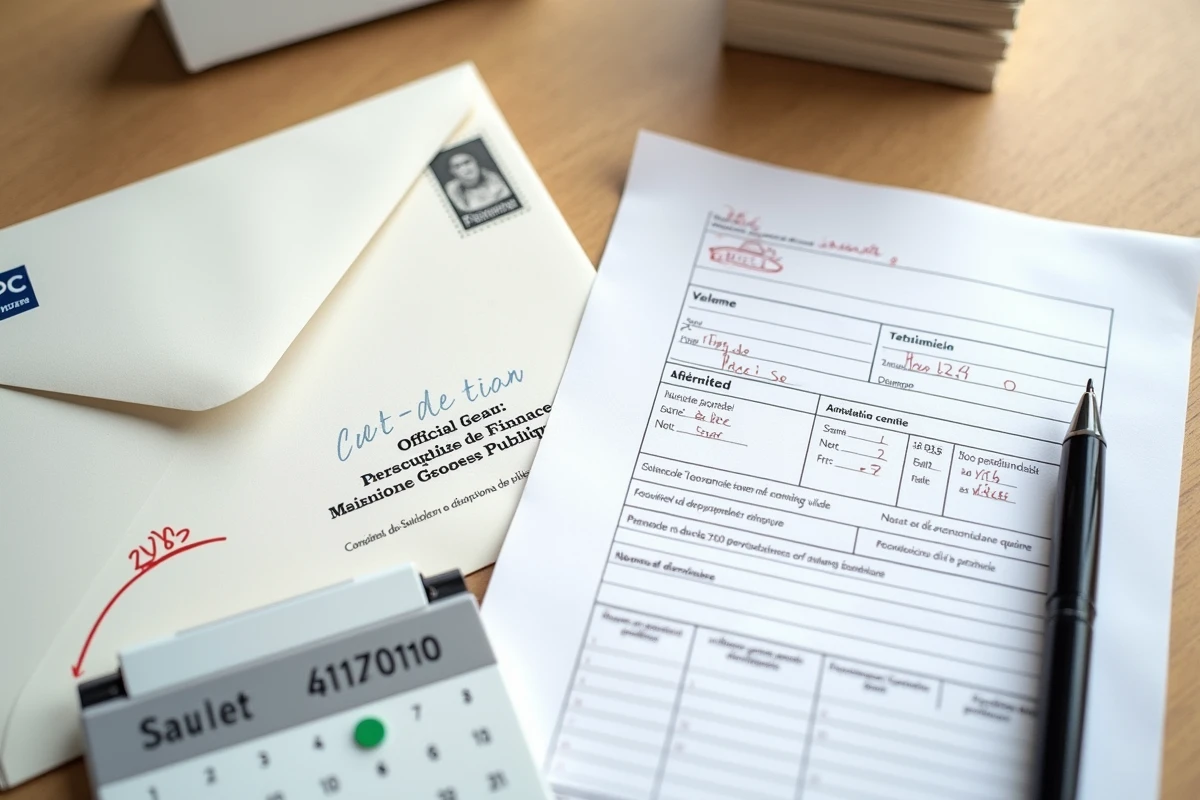 Vue aérienne d'une enveloppe fiscale et du formulaire 2041-DPTF-SD prêts à être envoyés avant la date limite 2026