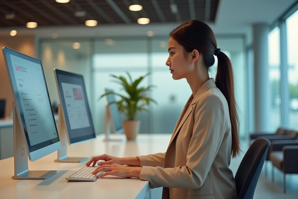 Conseillère bancaire Société Générale configurant l'espace particulier et les paiements en ligne d'un client en agence