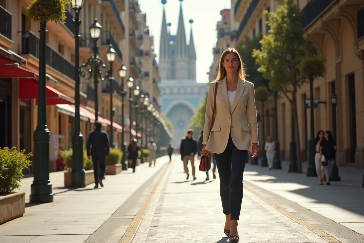 Une femme d'affaires espagnole sur le Paseo de Gracia à Barcelone avec la façade de la Casa Batlló, représentant l'économie espagnole