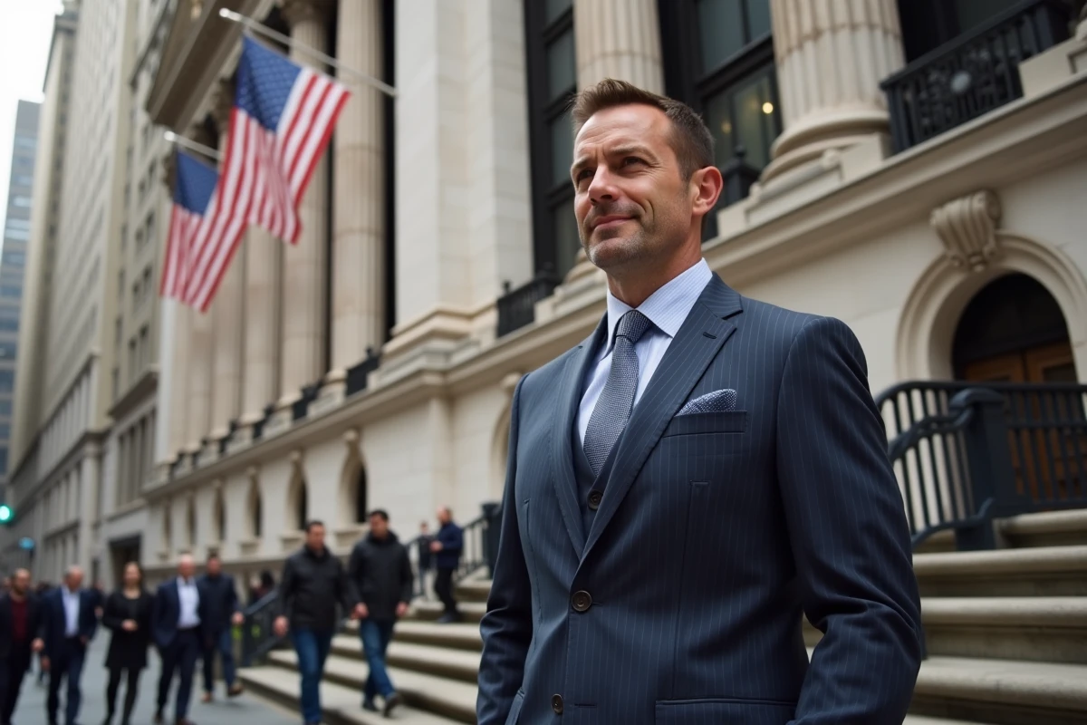 Homme d'affaires américain devant la Bourse de New York sur Wall Street, symbolisant la puissance économique des États-Unis