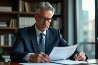 Homme d'affaires en costume bleu dans un bureau moderne