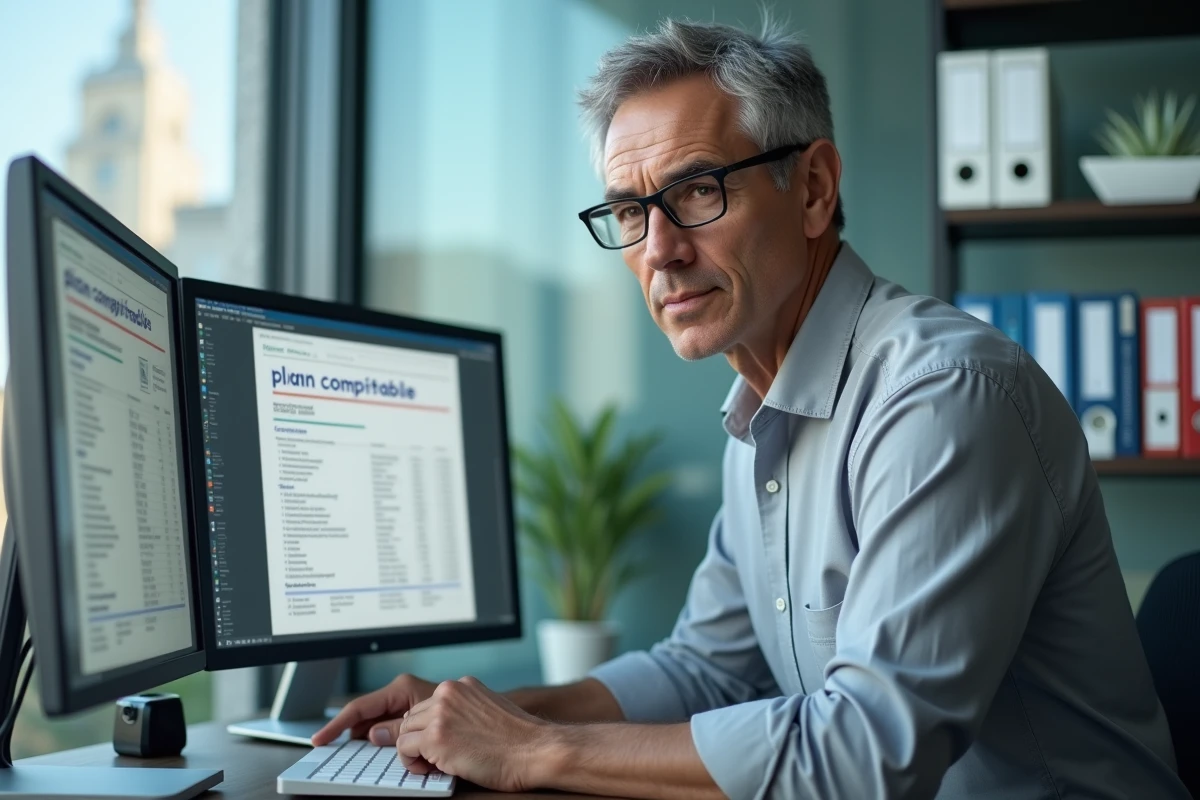 Expert-comptable utilisant un plan comptable PDF sur double écran pour fiabiliser les écritures comptables