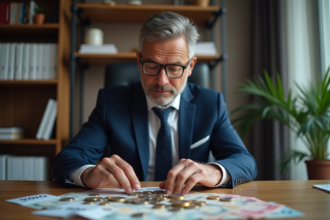 Expert financier homme examinant des pièces et devises