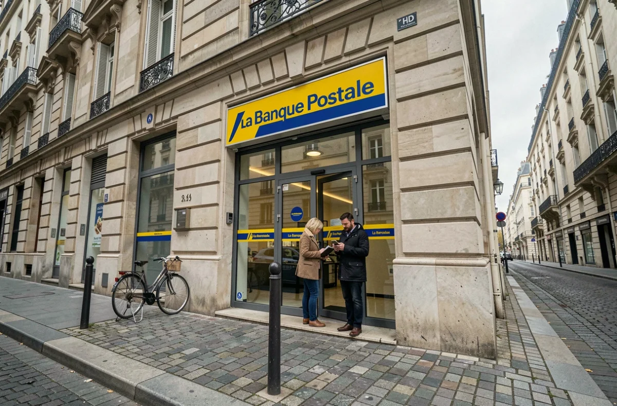 Façade d'une agence La Banque Postale avec des clients attendant devant l'entrée, illustrant les changements bancaires de 2026