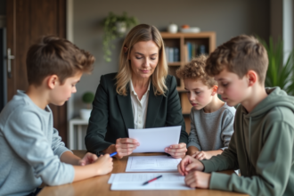 Femme d'âge moyen avec ses enfants examine des documents