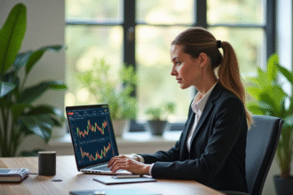 Femme d'affaires confiante analysant des graphiques boursiers colorés
