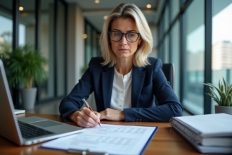Femme en blazer analysant un document financier dans un bureau moderne