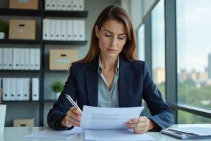 Femme d'affaires en costume bleu lit des documents d'assurance