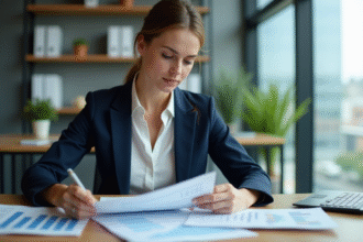 Femme d'affaires en bureau moderne examine relevés bancaires