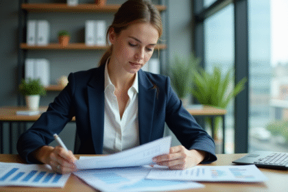 Femme d'affaires en bureau moderne examine relevés bancaires