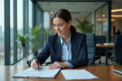 Femme d affaires en costume navy lors d une réunion