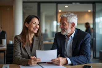 Femme d'affaires signant un contrat dans un bureau moderne