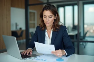 Femme d'affaires en costume bleu étudiant un document au bureau