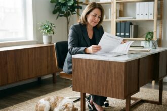 Femme d'affaires vérifiant un contrat avec un chien au pied