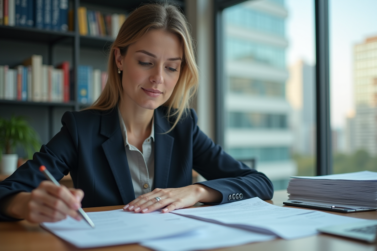 Femme d'affaires examinant des documents d'assurance au bureau