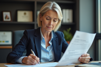 Femme d'affaires examinant des documents de prêt immobilier