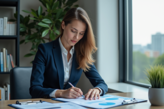 Femme d'affaires en costume bleu dans un bureau moderne