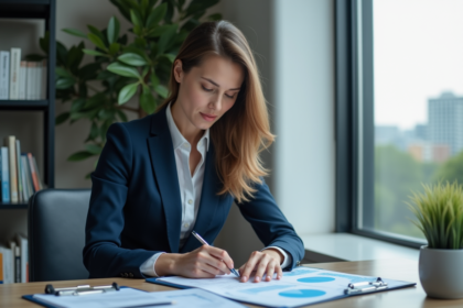 Femme d'affaires en costume bleu dans un bureau moderne