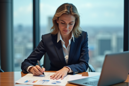 Femme d'affaires en réunion analysant des rapports financiers