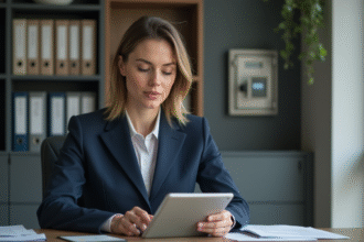 Femme d'affaires en réunion avec tablette et bureau moderne