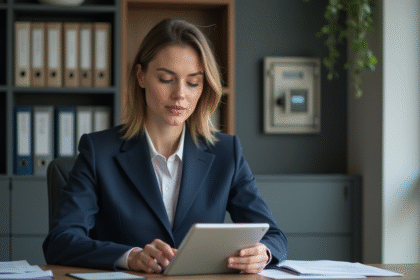 Femme d'affaires en réunion avec tablette et bureau moderne