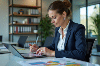 Femme d'affaires en réunion analysant des graphiques financiers