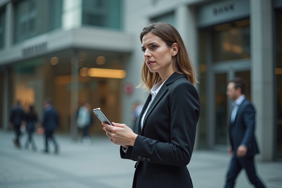 Femme d affaires regardant son smartphone en ville