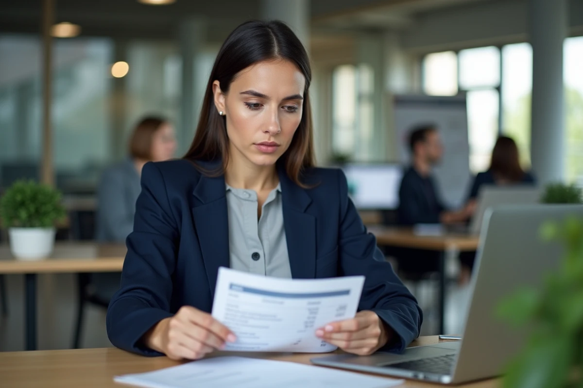 Femme cadre analysant sa fiche de paie avec salaire brut et net à son bureau
