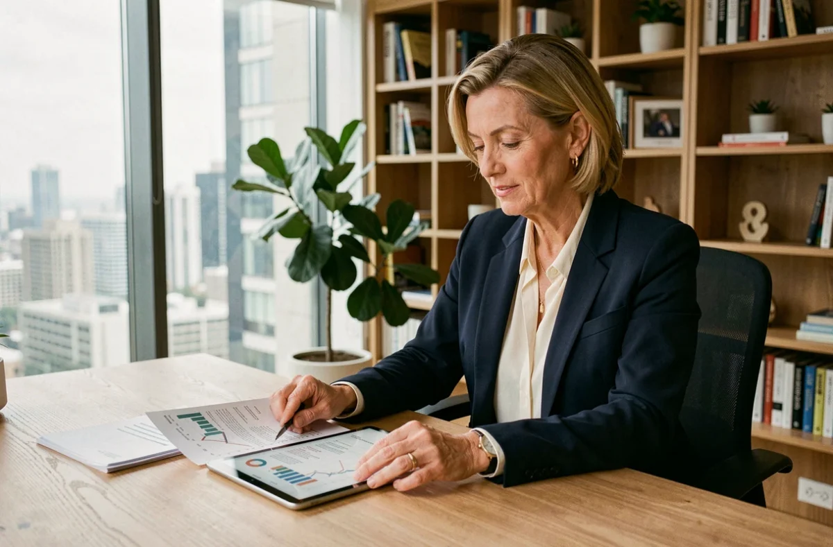 Femme cadre analysant des documents financiers liés à une SCPI sur une tablette et des papiers imprimés dans un bureau moderne