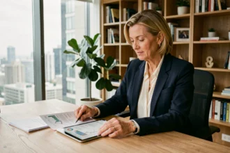 Femme cadre analysant des documents financiers liés à une SCPI sur une tablette et des papiers imprimés dans un bureau moderne