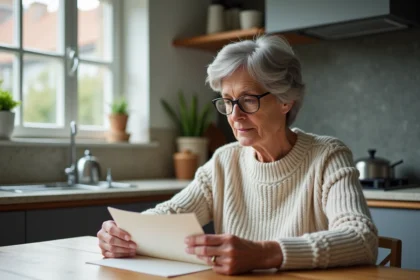 Femme française de 62 ans lisant une lettre à la maison