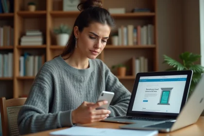 Femme utilisant une application bancaire Boursorama sur smartphone à son bureau, hésitant entre services en ligne et téléphone