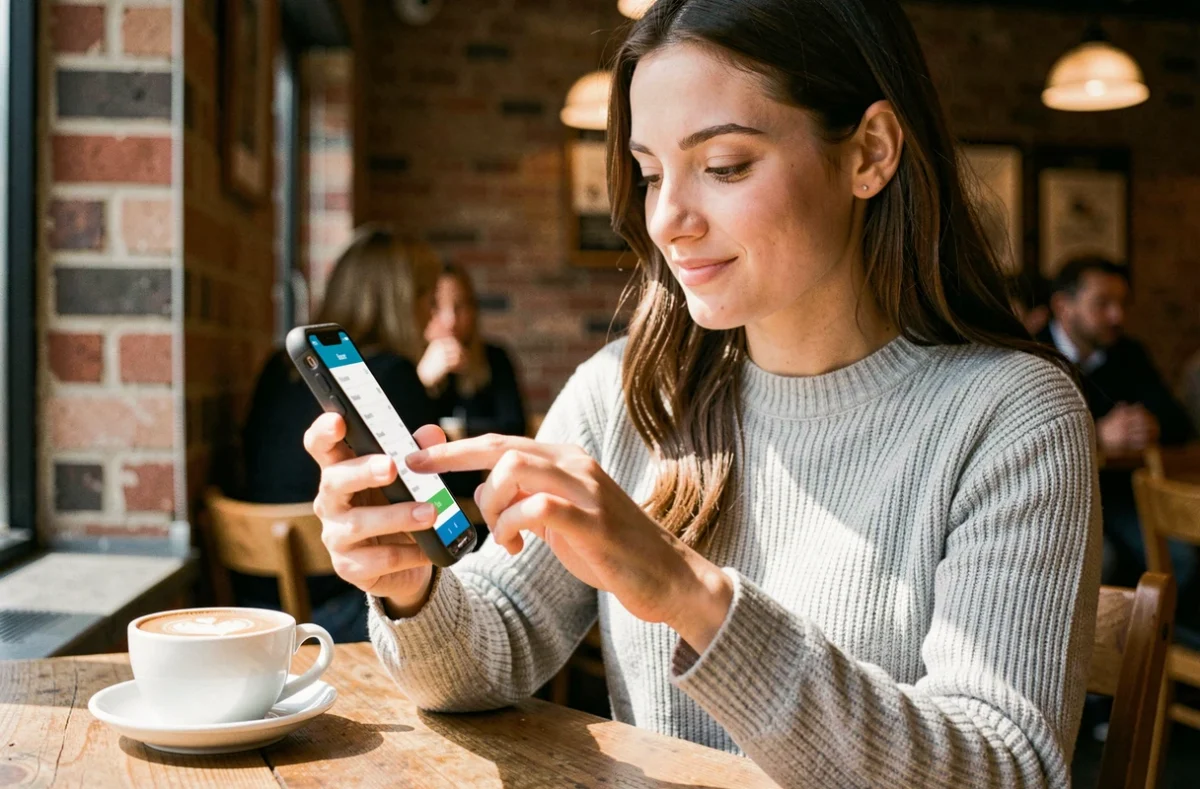 Jeune femme utilisant une application de paiement mobile sur son smartphone dans un café