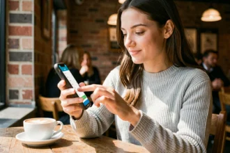 Jeune femme utilisant une application de paiement mobile sur son smartphone dans un café