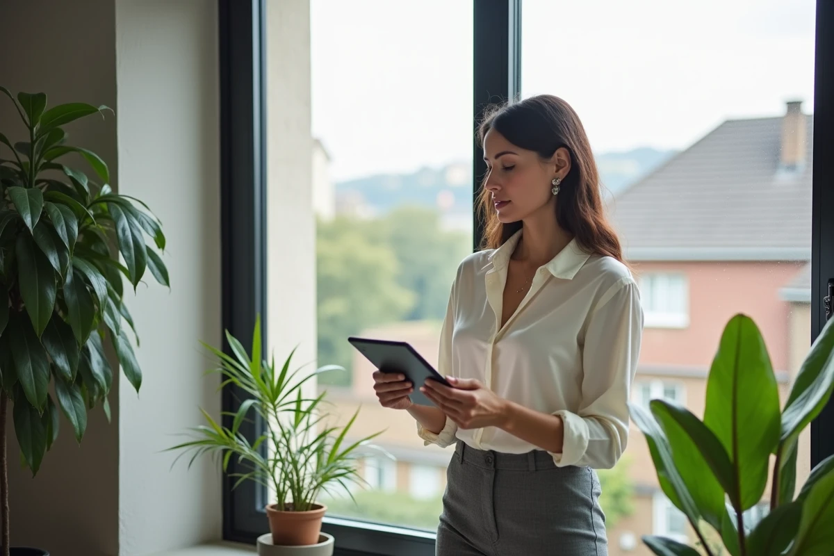 Femme professionnelle examinant une tablette dans un bureau lumineux
