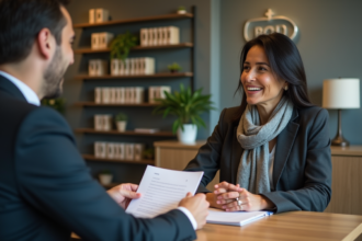 Femme d'âge moyen discutant avec un banquier dans une agence bancaire