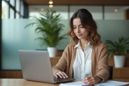 Femme d age moyen vérifiant un relevé bancaire dans une banque moderne