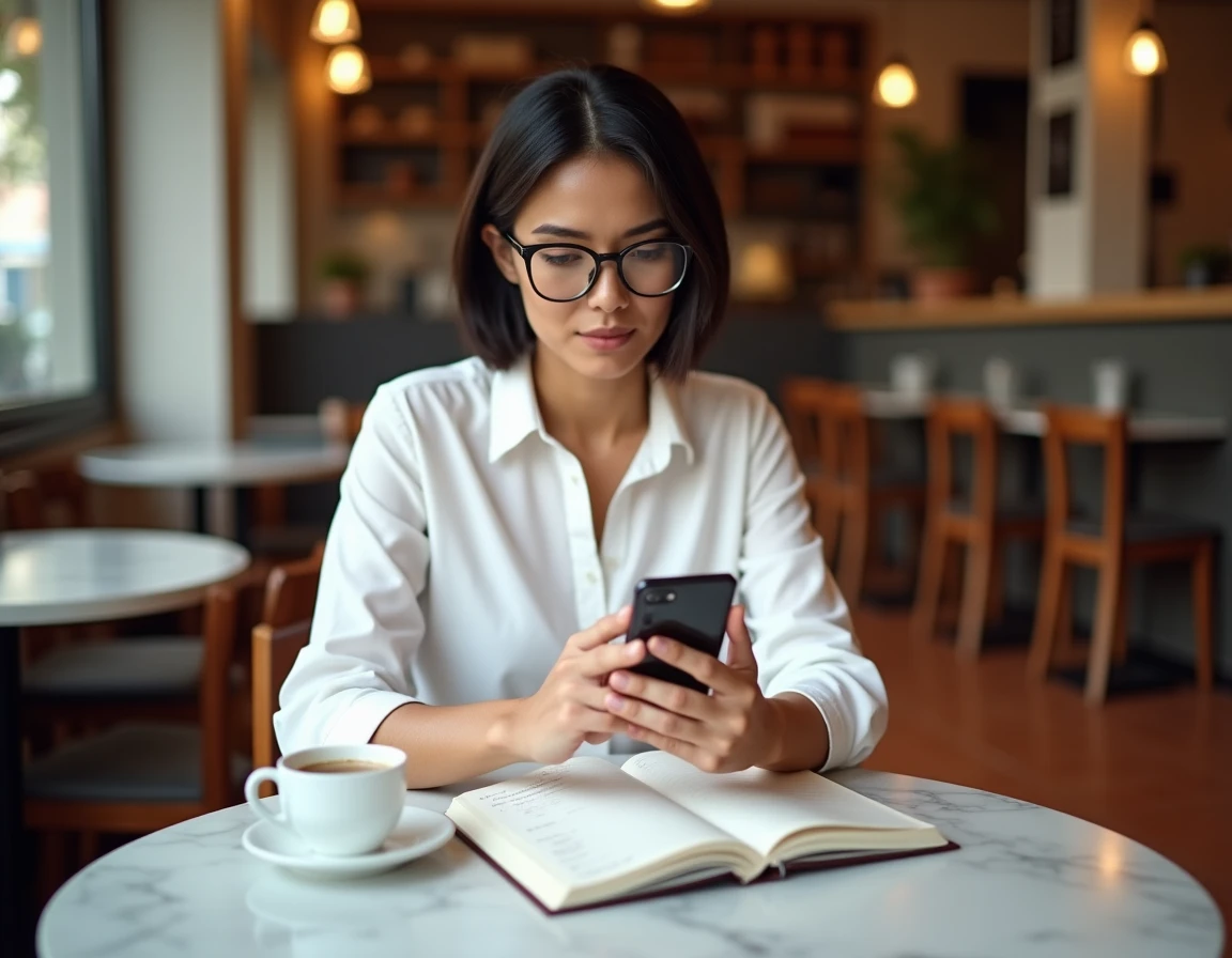 Femme débutante en investissement consultant son compte Bourse directe sur smartphone dans un café parisien