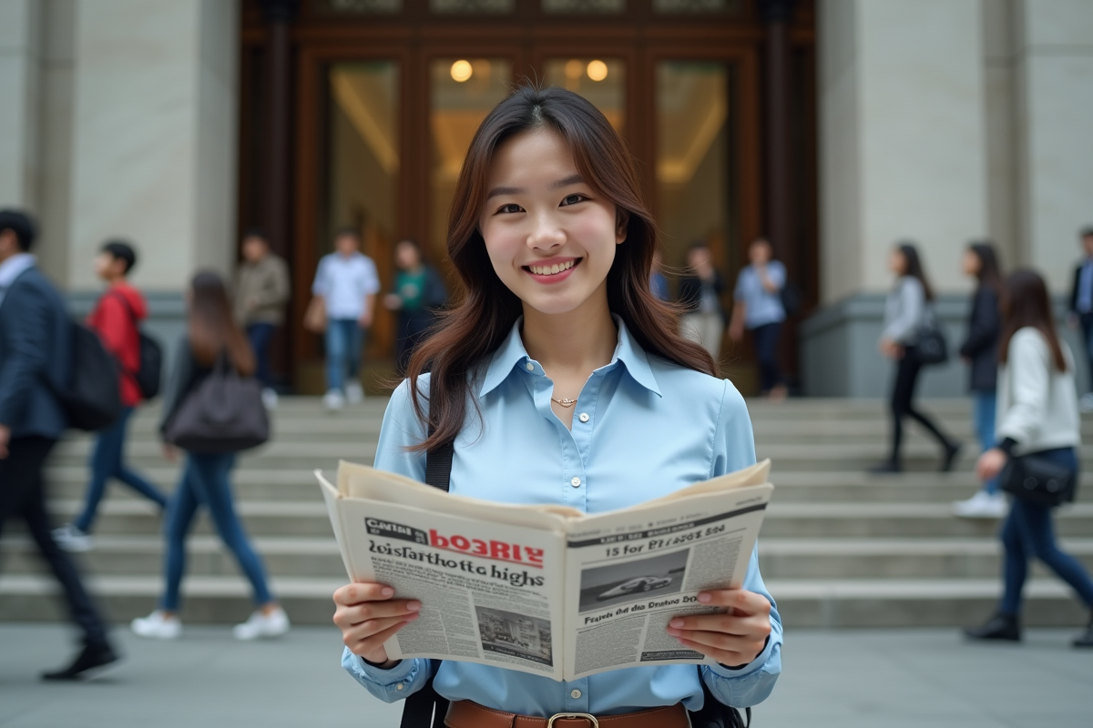 Jeune femme asiatique souriante devant bâtiment boursier