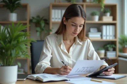 Jeune femme au bureau compare des pourcentages