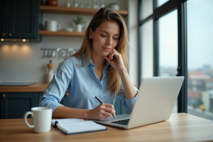 Femme professionnelle étudie son ordinateur dans une cuisine moderne