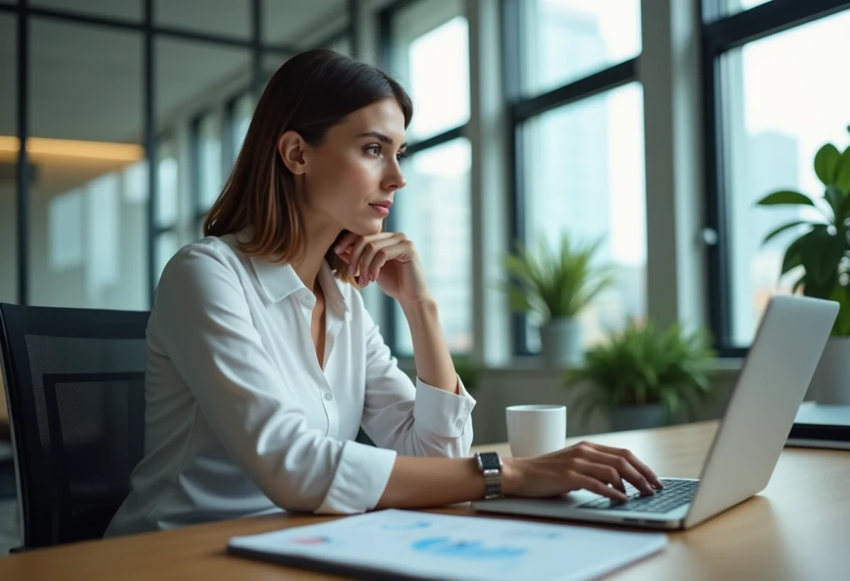 Femme au bureau regardant un tableau digital