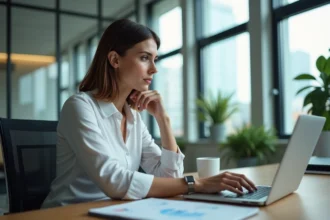 Femme au bureau regardant un tableau digital