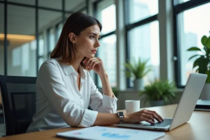 Femme au bureau regardant un tableau digital