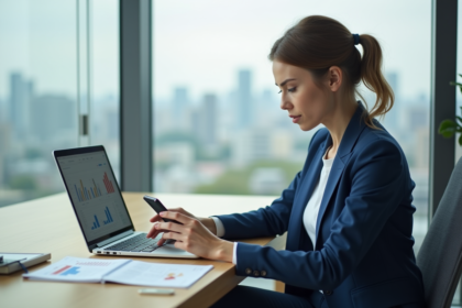 Jeune femme en blazer bleu regarde des graphiques numériques