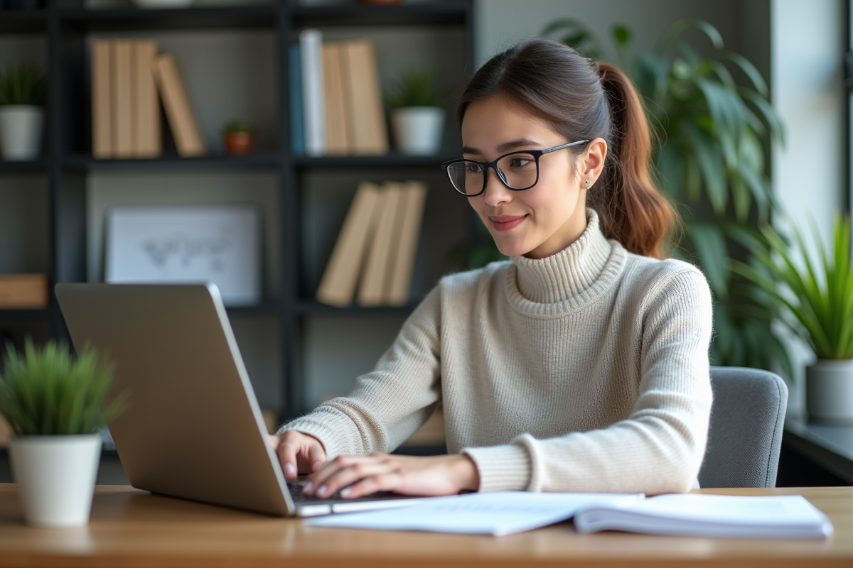 Jeune femme au bureau examinant un dossier de subvention