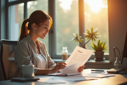 Jeune femme au bureau examine des documents de salaire dans une ambiance lumineuse