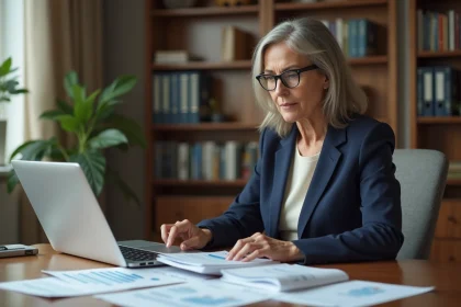 Femme cadre analysant des documents financiers à long terme pour un portefeuille défensif avec action SAF
